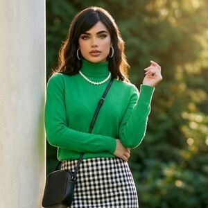 Spense Kelly Green Turtleneck Sweater Button Sleeve Details Ribbed Hem